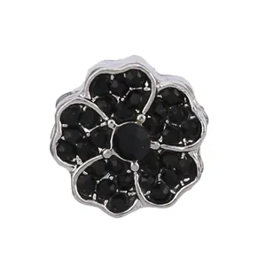 Silver flower bead with black rhinestones and five-petal design for DIY jewelry making