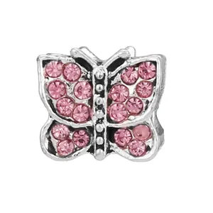 Silver butterfly charm with pink rhinestones for DIY bracelets and jewelry making