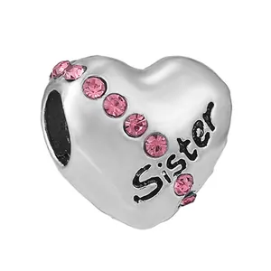 Charm de corazón de plata con cristales rosas y grabado Sister para pulseras