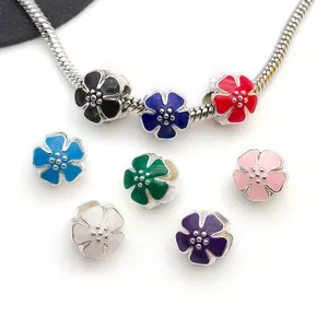 DIY silver enamel flower charms in eight colors on a classic snake bone bracelet