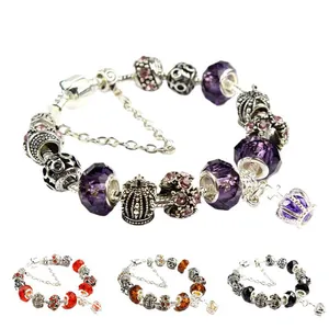 European Colorful Crystal Bracelet Women DIY Beaded Snake Chain Bracelet With Crown Heart Cross Pendant Luxury Jewelry Gift