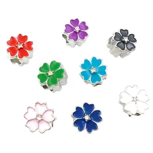 Colorful enamel cherry blossom beads with silver alloy base and central zircon stones