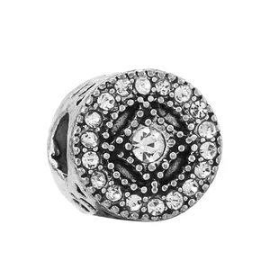 Silver bead charm with sparkling zircon inlay and hollow design for DIY bracelets