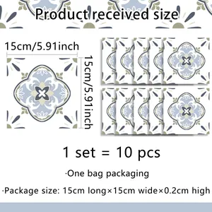 Set of 10 blue mandala self-adhesive wall tile stickers, 15x15cm for kitchen and bathroom