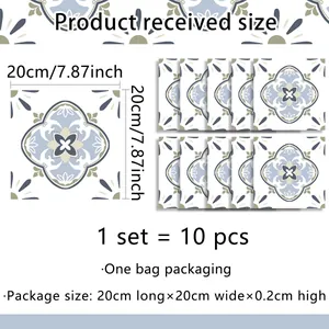 Detail of 20x20cm gray-white vintage tile stickers showing 10 pieces set dimensions