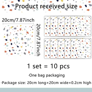 Detalle de los adhesivos para azulejos terrazzo 20x20cm con dimensiones y pack de 10 uds