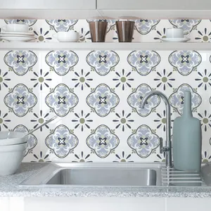 Minimalist grey-blue floral peel and stick wall tiles for kitchen backsplash decor