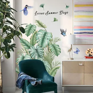 Tropical green monstera leaves and birds wall stickers for living room home decor