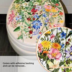 Waterproof floral toilet seat sticker with watercolor chamomile and bluebell flowers