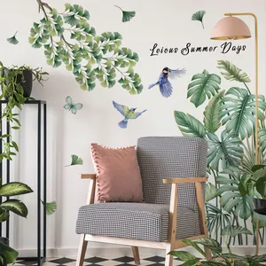 Tropical green leaves wall stickers with birds and butterflies for bedroom wall decor