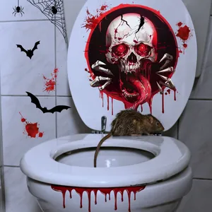 Adesivi per Gabinetto Horror di Halloween Teschio Impronta di Mano Sanguinosa Pipistrello Ragnatela Decalcomanie Murali in PVC Impermeabili per Bagno Casa Festa