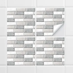 Close-up of marble texture peel and stick wall tiles with easy adhesive backing layer