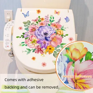 Kleurrijke bloemen en vlinders muurstickers voor toiletdeksel decoratie, zelfklevend