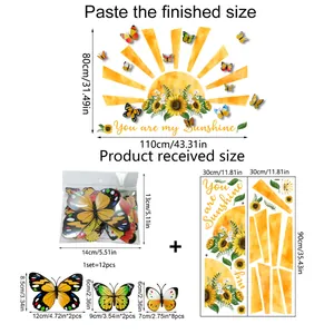 Detail of sunflower and butterfly wall sticker set with dimensions and layout guides