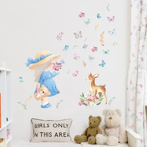 Cartoon Girl And Deer Wall Stickers Butterfly Flower PVC Self Adhesive Waterproof Decals For Kids Girls Room Nursery