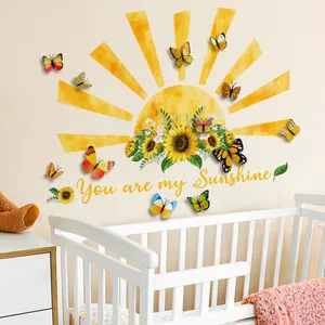 Detail of You Are My Sunshine wall decal with sunflowers, sun and colorful butterflies