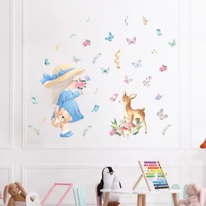 Cartoon girl and deer wall stickers set with watercolor flowers for kids bedroom decor