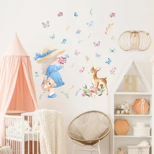 Cartoon girl and deer wall stickers with colorful butterflies for kids bedroom decor