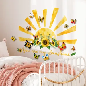 3D cartoon sun and butterfly wall stickers with You are my Sunshine quote for bedroom