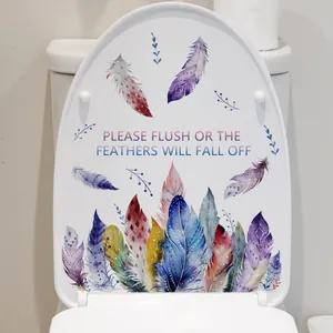 Colorful feather toilet lid sticker with humorous English flush text for bathroom decor