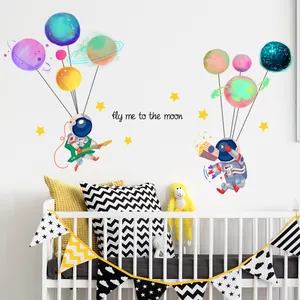 Creative astronaut and planets wall stickers with fly me to the moon text for kids rooms