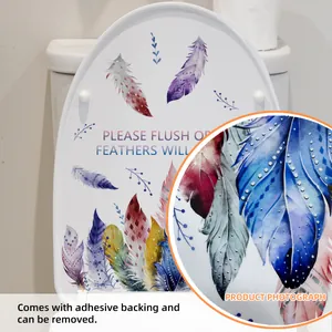 Colorful feather toilet decal with slogan for bathroom lid decor, waterproof and removable