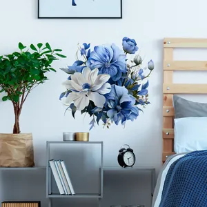 Elegant blue and white floral self-adhesive wall stickers for home bathroom decor