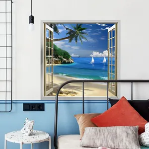 3D fake window wall sticker featuring tropical beach and coconut trees in a modern bedroom