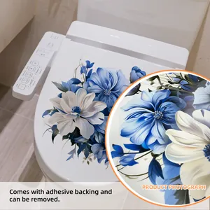 Blue floral self-adhesive toilet lid sticker with realistic petal texture and design