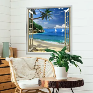 3D beach window wall sticker featuring ocean tropical palm trees and white sailboat