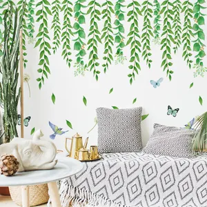 Green Willow Vine Wall Stickers Birds Butterflies Removable PVC Self-Adhesive Decals For Living Room Bedroom Home Decor