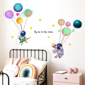 Cartoon astronaut and planet wall stickers for kids room decor with creative space theme