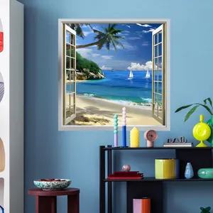 3D beach window view wall decal featuring palm trees and sea view for home decor