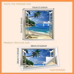 3D beach window view wall decal featuring palm trees and sea, 55x55cm finished size