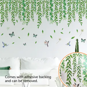 Fresh green vine wall stickers with butterflies and birds for modern living room decor