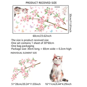 Pegatinas estáticas de flores de cerezo y gato para decorar ventanas del hogar