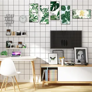 Nordic style Monstera leaf wall decor set with five license plate themed green plant prints