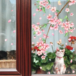 Pegatinas estáticas de flores de cerezo y gatos para decoración de cristales del hogar
