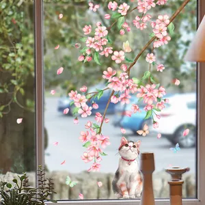 Vinilo para ventanas con flores de cerezo, mariposas y un gato en estilo acuarela