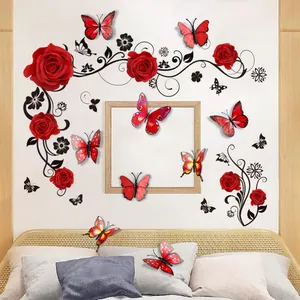 Adesivi Murali Rose Rosse 3D con Motivi a Vite e 12 Farfalle 3D Realistiche Decor