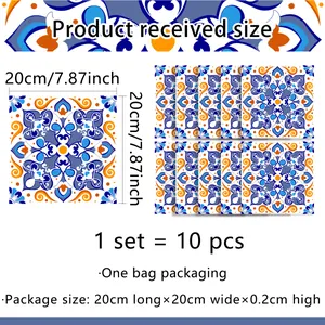 Detailed size chart for 10pcs set of retro blue and orange mandala style tile stickers