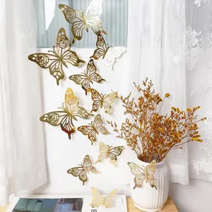 3D hollow rose gold butterfly wall stickers with metallic mirror finish for home decor