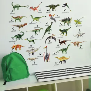 A-Z cartoon dinosaur alphabet wall stickers for kids room decor with hand-drawn art style