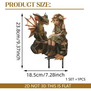 2D garden stake with fantasy dragon and girl floral design, 23.8cm height for outdoor decor