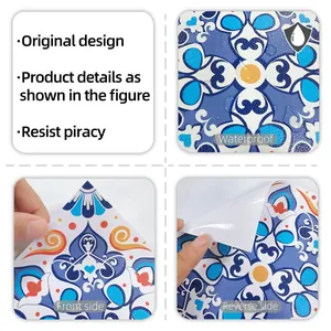Waterproof vintage tile stickers showing mandala texture and adhesive backing details