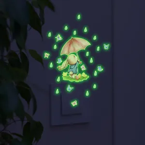 Luminous rabbit with umbrella wall stickers showing glowing rain and butterfly effects