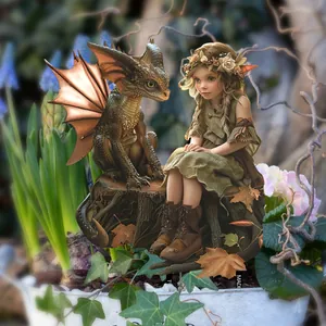 Detailed garden stake showing a fairy and young dragon sitting on a tree stump