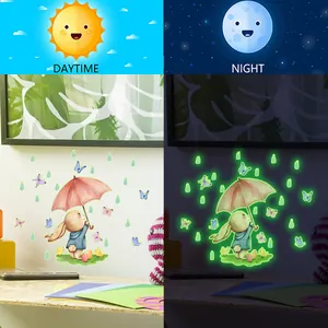 Luminous bunny and butterfly wall decals showing daytime and nighttime glowing effects