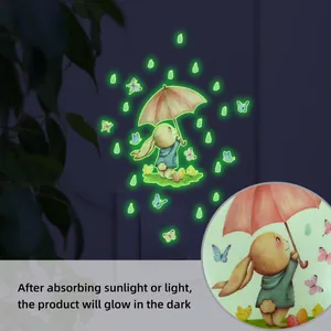Glow In The Dark Rabbit Wall Sticker Cartoon Luminous Rabbit With Umbrella Butterfly Removable PVC Decorative Wall Decal For Kids Room