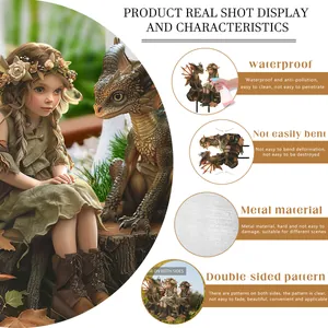Detail of fairy and dragon metal garden stake showing double-sided waterproof print